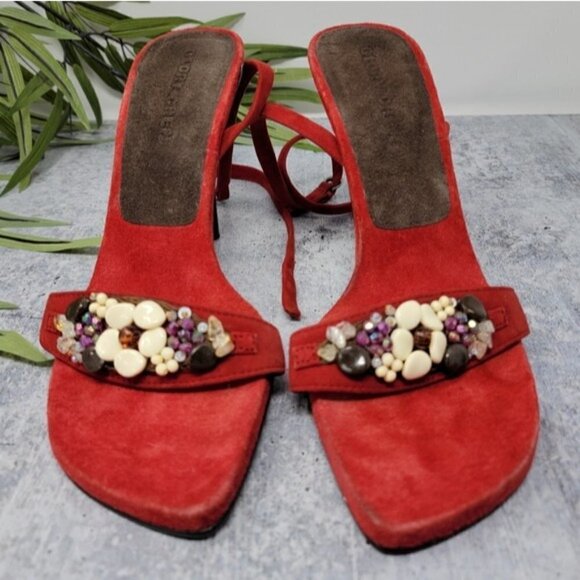 Glory Chen | Red Jeweled Ankle Strap Heel Sandals Size 9 - Picture 4 of 9